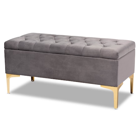 Baxton Studio Valere Grey Velvet Upholstered Gold Finished Tufted Storage Ottoman 162-10462